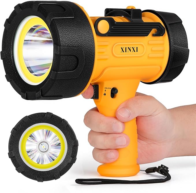 XINXI Rechargeable Spotlight 1,000,000 Lumens with COB Floodlight, IP67 Waterproof Spotlight Flashlight, Long Runtime Handheld Spot Light with Red Filter,Outdoor Spot Light for Hunting,Fishing(Yellow)