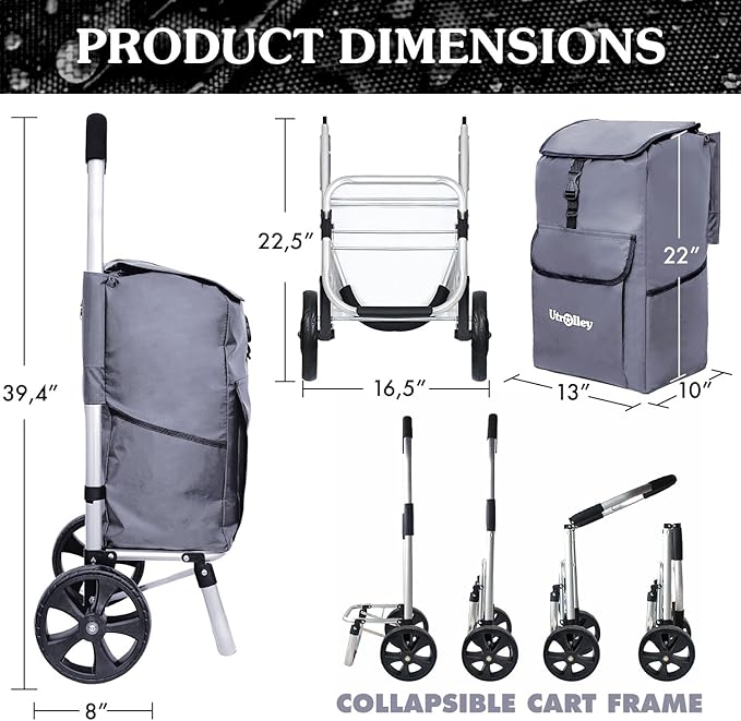 Ultra-Lightweight Gray Foldable Shopping Cart for Groceries Large 42L Capacity Rubber Wheels, Removable Insulated Bag Liner, Durable Aluminum Frame, Multi-Function Personal Hand Truck