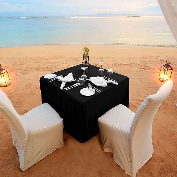 HolidayIdeas 2 Pack Square Fitted Table Covers - 38 x 38 Inch - Black Fabric Washable Tablecloth Protectors for Folding Table, Parties, Holiday Dinner, Trade Show, Vendor Stand