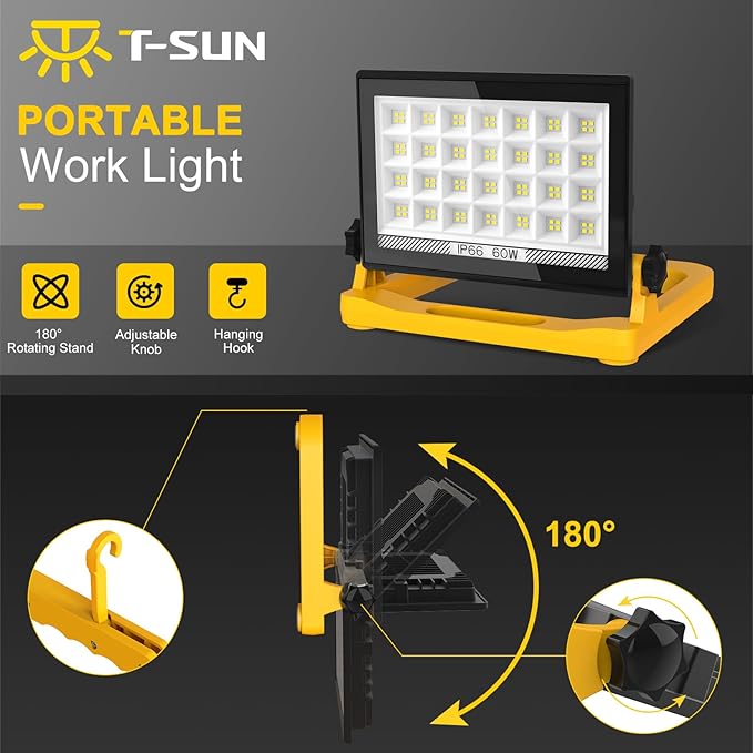 T-SUN LED Work Light with Stand, 60W 6000K Portable Work Light with 13FT Cord, 3 Modes, Magnetic Base & Hook, Adjustable Job Site Light for Garage, Workshop, Construction-2 Pack