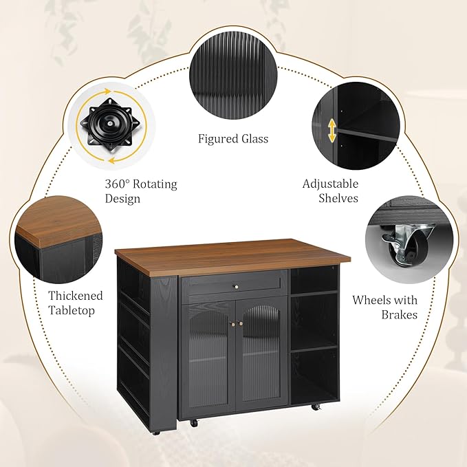 LYNCOHOME Rolling Kitchen Island with 360° Rotating Tabletop, Mobile Lockable Wheels & Adjustable Shelves, Multifunctional Storage Cart for Kitchen & Dining（Black）