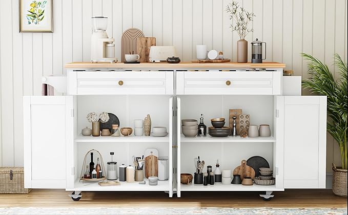 67’’ Movable Kitchen Island with Drop Leaf and Power Outlet, Lockable Sliding Countertop Rolling Island Cart with 2 Large Drawers, Spice, Towel Rack,White
