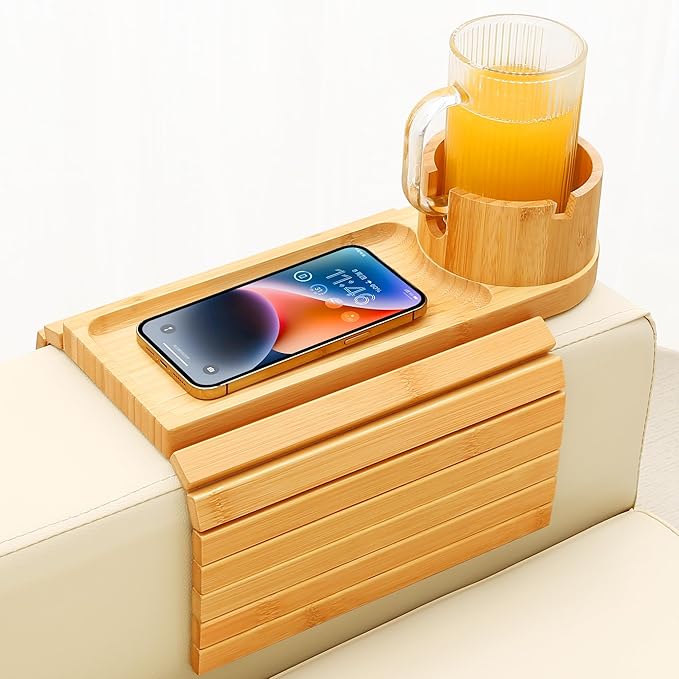 Couch Cup Holder Tray, 15.75" Bamboo Cup Holder for Couch, 3 in 1 Foldable Arm Chair Clip on Side Tray Table for Remote Snack Table on Armrest