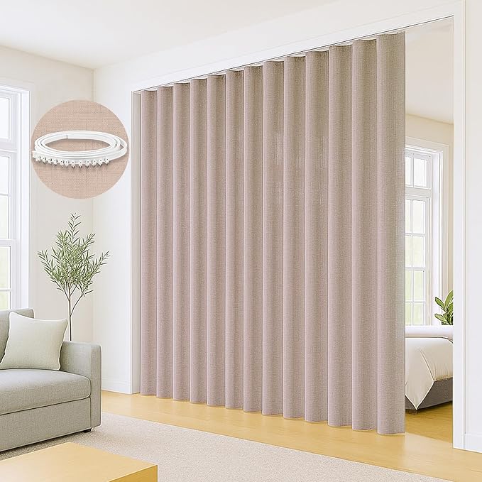 Faux Linen Semi Sheer Room Divider Curtain with Flexible Ceiling Track, Light Filtering Privacy Curtains for Patio Sliding Glass Door Living Room Bedroom Room Divider, Light Coffee, W72xL84, 1 Panel