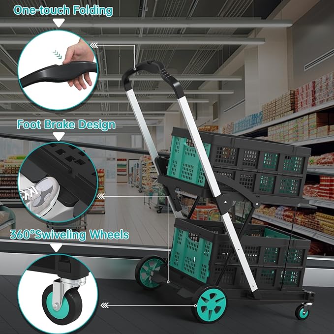 Collapsible Shopping Cart, Foldable Shopping Cart with 2 Storage Crates, 350 LBS Capacity 2-Tier Multi Use Heavy Duty Adjustable Grocery Carts for Supermarket, Office and Outdoor