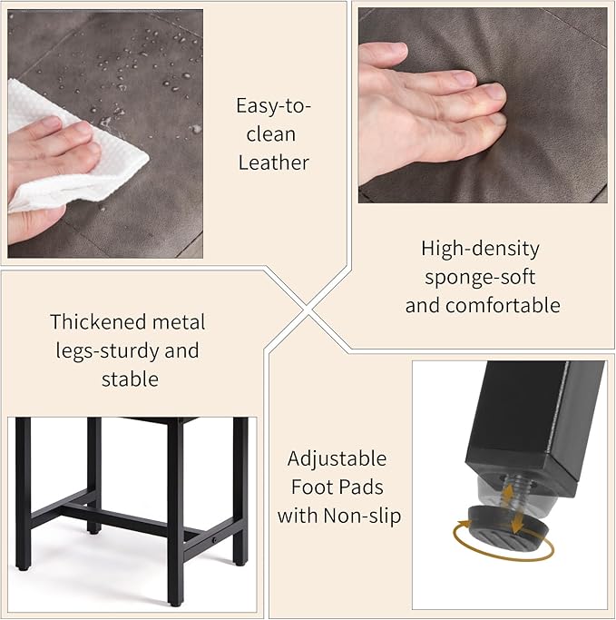 Saddle Seat Vanity Stool, Makeup Stool Chair with Metal Leg, U-Shaped Leather Ottoman Foot Rest Stool, Small Square Chairs Under Desk for Vanity, Living Room, Bedroom, Modern Makeup Bench Grey&Black