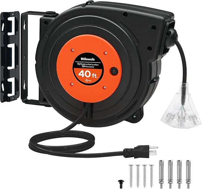 Retractable Extension Cord Reel, 40 FT Heavy Duty Power Cord, 12AWG/3C SJTOW, 3 Grounded Outlets Lighted Triple Tap, 15 Amp Circuit Breaker, UL Listed, Orange B40CR06