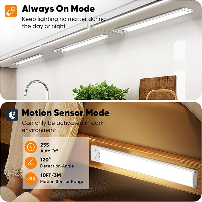 Brightever Under Cabinet Lights, 14-Inch Rechargeable Battery Operated Motion Sensor Lights Indoor, 3200mAh Wireless Magnetic Dimmable Under Closet Counter Night Lights for Kitchen Stair, 3 Packs