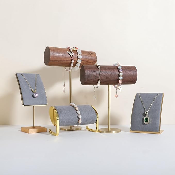 GemeShou Wood bracelet rack for selling, Metal brass bracelet display stand, Walnut bracelet holder organizer, Bangle Jewelry organizer T bar stand【Walnut Brass Bracelet Holder-Low】