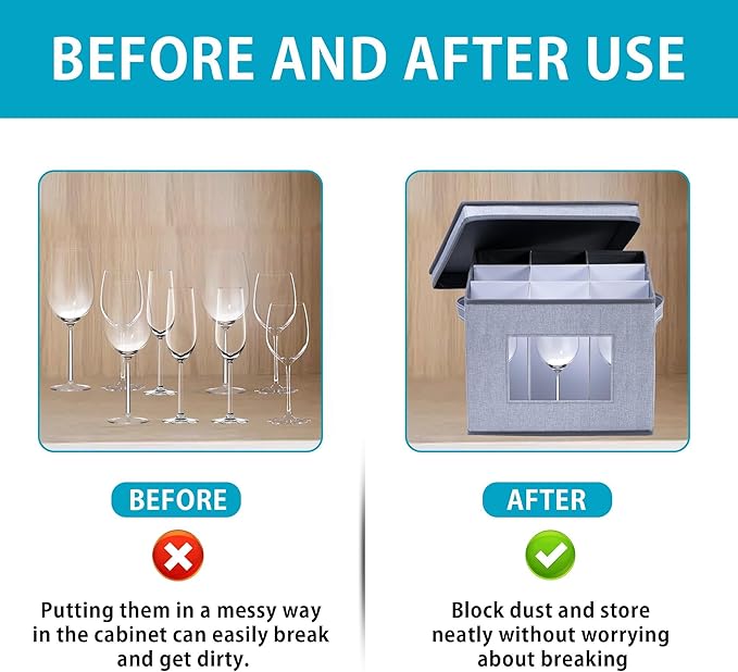 VENO 1 Pack Wine Glass Storage Box, Stemware Storage Case Hard Shell, Christmas Holiday Ornaments China Containers with Dividers & Handles, for Moving Crystal Glassware Champagne Flute (for 9 Glasses)