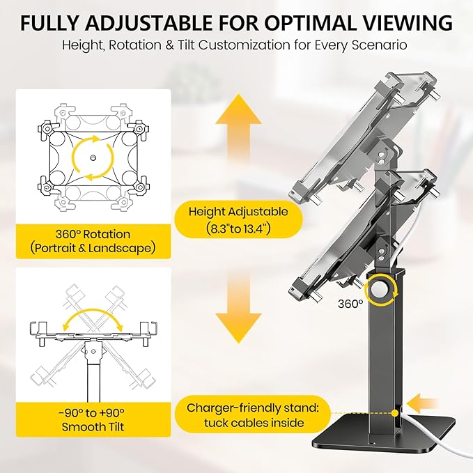 Adjustable Height Rotating Tablet Stand with Anti-Theft Lock, 360°Swivel & Tilt Aluminum & Carbon Steel Holder for 9.7-13 inch Tablets, for Desk, Office, Retail, Education(Black)