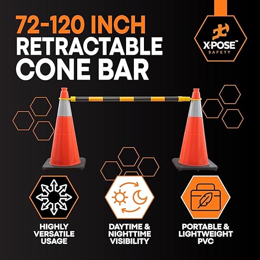 Retractable Barrier for Safety Traffic Cones - 2" OD - Large Yellow and Black Bar Barricade - for Road Construction, Parking, Warning, Temporary Security Divider (40, Yellow & Black, 72" x 120")