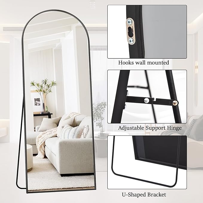 Full Length Mirror Arched Floor Length Mirrors, 71"x26" Large Full Body & with Stand & Arch Wall Mounted & Standing Mirror for Bedroom Living Room, Aluminum Frame, Black