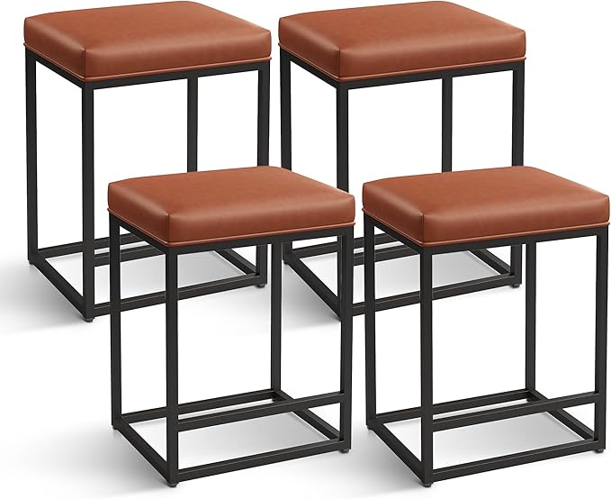 MAISON ARTS Counter Height 24 Inch Bar Stools Set of 4 for Kitchen Counter Backless Modern Barstools Industrial Upholstered Faux Leather Stools Farmhouse Island Chairs, Brown