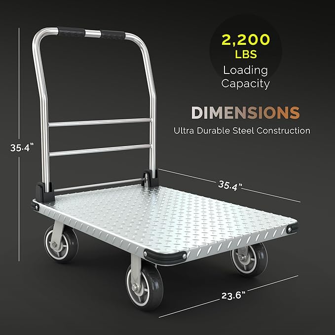 2200 lbs. Capacity Foldable Push Cart Dolly | Moving Platform Hand Truck | Heavy Duty Space Saving Collapsible | Swivel Flat Bed Wagon - Furniture Luggage Lifting