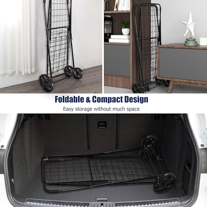 Goplus Shopping Carts for Groceries, Heavy Duty Folding Shopping Cart with Wheels, Portable Collapsible Grocery Cart, Light Weight Foldable Utility Cart for Laundry