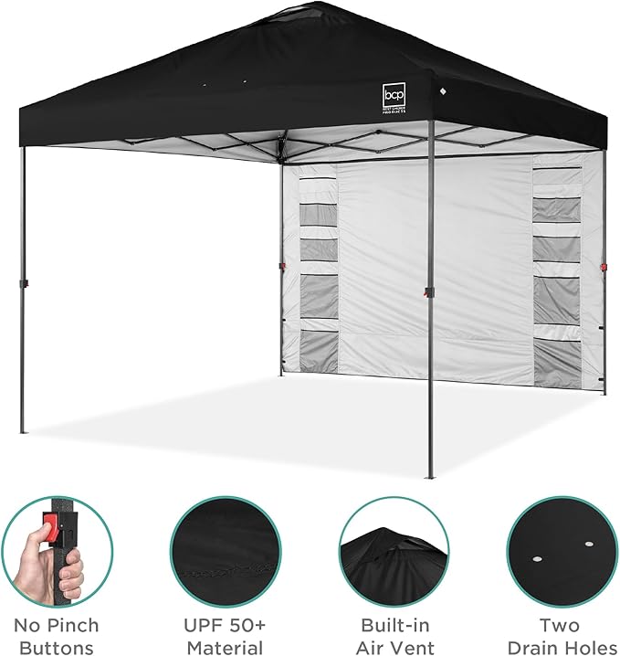 Best Choice Products 10x10ft Easy Pop Up Canopy w/Side Wall, 10 Pockets, Portable Carrying Case, 1-Button Setup, 4 Weight Bags - Black