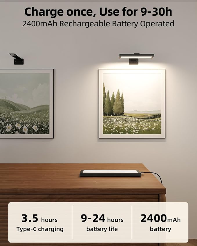 EZVALO Picture Light for Wall, Rechargeable 2400mAh Battery Lights Wireless Remote, 3 Color & Dimmable Magnetic 8'' LED Lights Display for Painting, Living Room, Gallery, Bedroom, Dashboard(Black-2P)