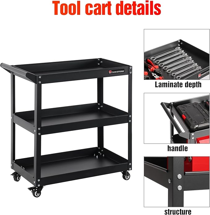 Service Tool Cart on Wheels - 3 Tire Rolling Cart, Industrial Commercial Service Cart TQ112