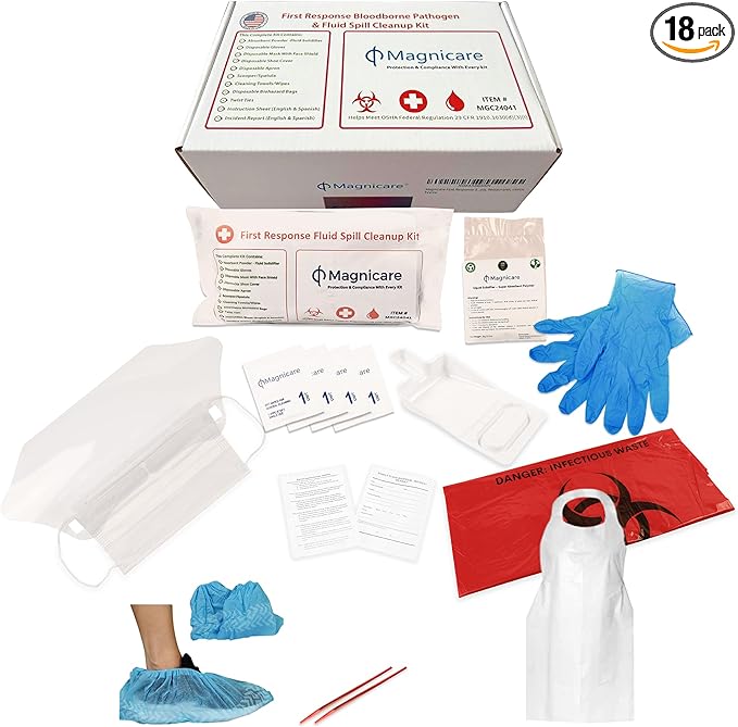 Bodily Fluid Clean Up Kit & Vomit Clean Up Pack - Be OSHA Compliant | Bloodborne Pathogen Pack |Comprehensive First Response Spill Kit| Ideal for Schools, Restaurants & Retirement Homes