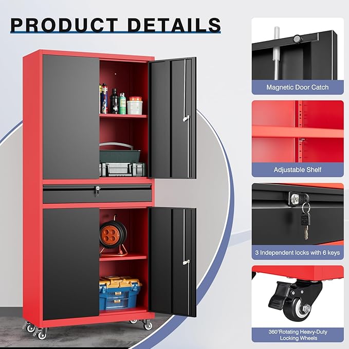 73" Metal Garage Storage Cabinet with Wheels， Rolling Tool Storage with Locking Doors， Adjustable Shelves and Drawer, Heavy Duty Steel Tool Cabinet for Garage, Warehouse, School(Red Black)