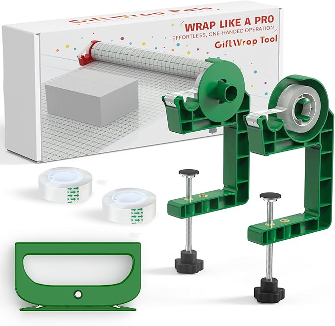 Tabletop Gift Wrapping Tool with Tape Dispenser & Cutter–2 Pack Adjustable Wrapping Paper Table Clamps with 2 Tapes–Perfect for Christmas, Holidays, and Crafting