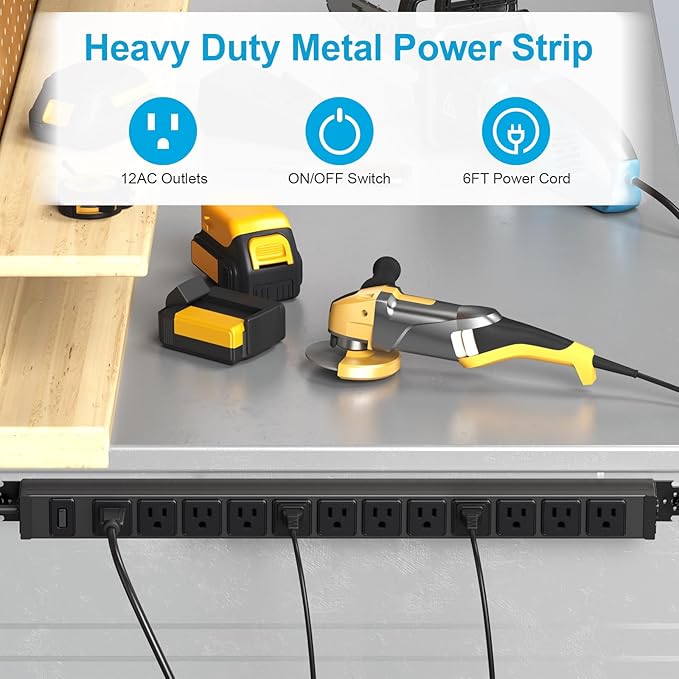 HHSOET 360° Rotating 12 Outlet Mountable Power Strip, Aluminum Alloy Long Power Strip Extension Cord, Heavy Duty Wall Mount Surge Protector with Switch, Works Great and Very Versatile, 6ft Power Cord.