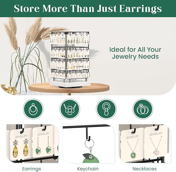 EsLuker.ly Rotating Earring Display Holder Stand for Vendors Events Selling, Large Capacity 64 Hooks Jewelry Rack with Wooden Base for Earring Card Sales, Enhances Retail Display Visibility