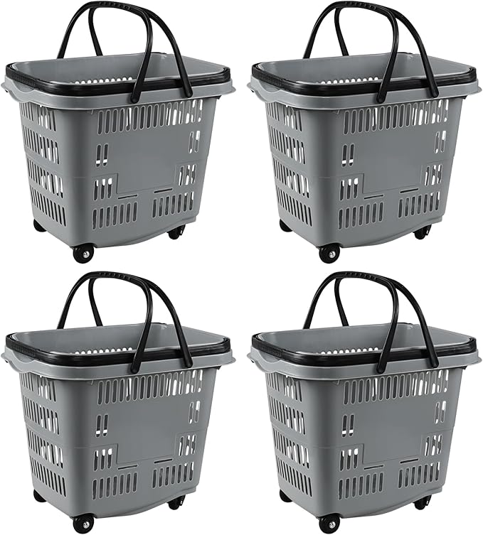 50 Liter Plastic Shopping Basket with Wheels, 4 Pack Large Rolling Baskets for Groceries, Gray