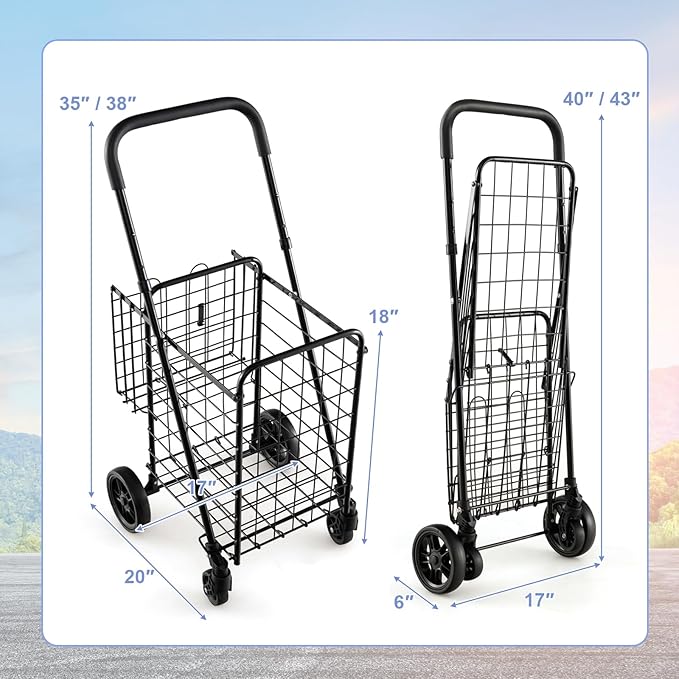 Goplus Folding Shopping Utility Cart, Double Basket and 360° Swivel Wheels, Adjustable Handle, Small Cart Perfect for Grocery Laundry Book Luggage Travel