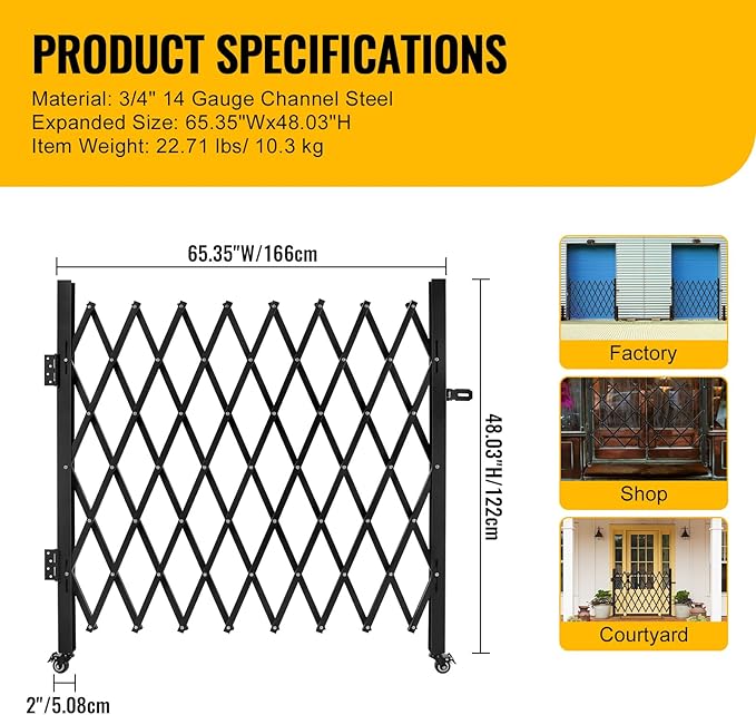 Folding Security Gate 65.35''W X 48.03''H Steel Scissor Door Gate Barricade Gate Expandable Security Gate Flexible Accordion Security Gate with 360° Wheels&Padlock