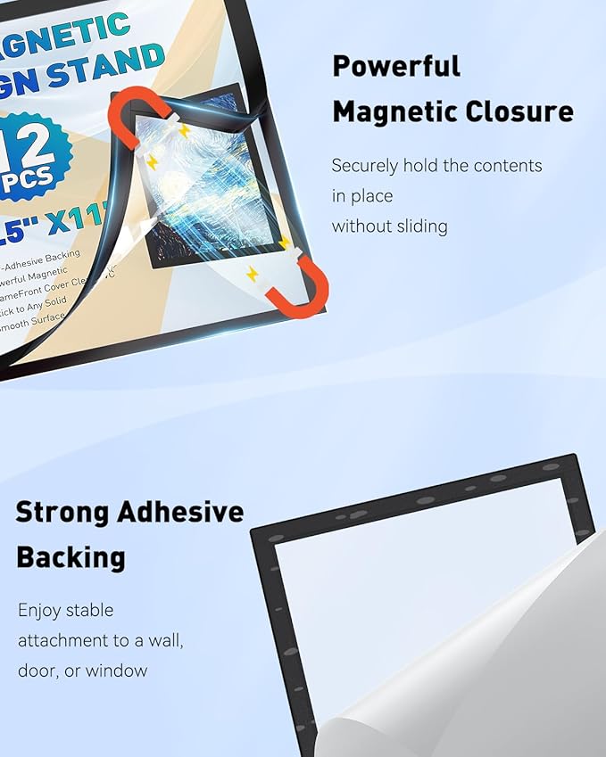 Uniclife 12 Pack Magnetic Sign Holder 8.5" x 11" Self-Adhesive Magnetic Picture Frame Wall Mounted Display Frame for Home Office Store Poster Document Holder for Wall Door Glass Window Refrigerator