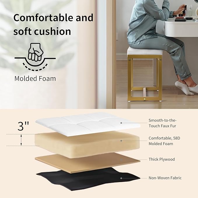Faux Fur Vanity Stool Chair, Vanity Chair with Gold Metal Leg, Furry Soft Padded Makeup Footstools Seat Ottoman, Modern Chairs for Makeup, Bedroom, Square Small Stool Bench for Vanity White&Gold