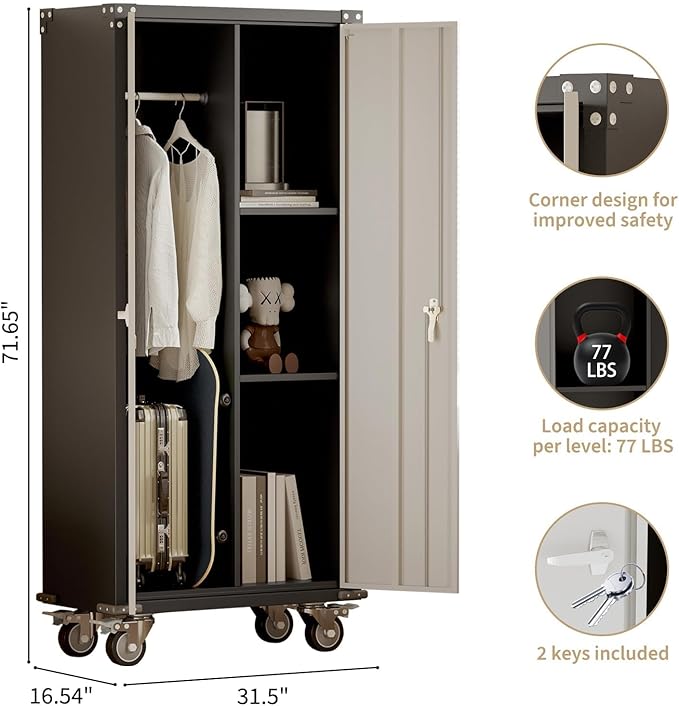 Metal Storage Cabinet with Lock-71 Tall Tool Organizer Steel Lockers w/Hanging Rod Metal Wardrobe Cabinet on Wheels for Home, Office, Warehouse, Garage