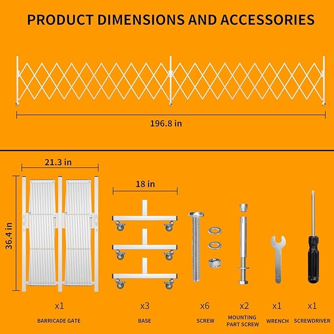Expandable Barricade Gate,200"" Metal Safety Barrier Gate with Casters,Accordion Garden Yard Outdoor Indoor Fence Folding Security Dog Gates Wall Mount,White, Large