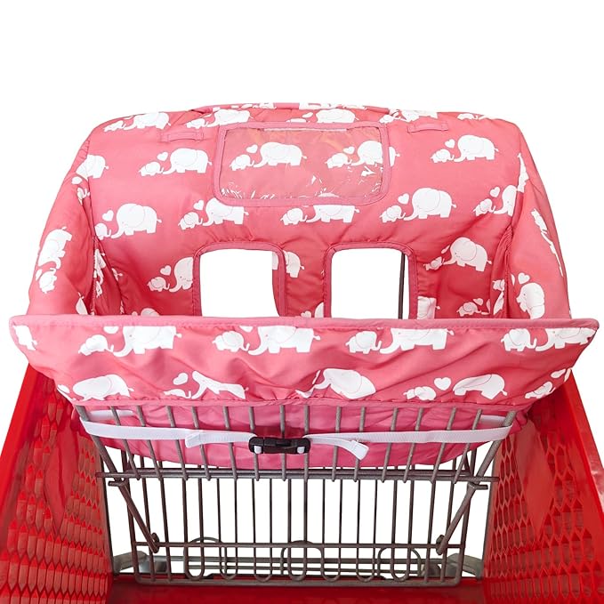 2-in-1 Shopping Cart and High Chair Cover for Baby, Padded Cover, Fold'n Roll Style, Portable with Carry Bag (Pink Elephant)