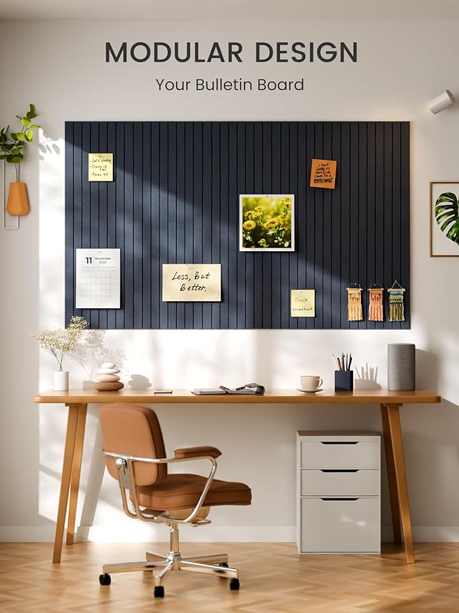 Bumusty Large Cork Board Alternative-47 x35 Felt Bulletin Board, with 30 Pushpins, 70 Adhesive Tabs, 12-Pack Slat Wall Paneling, Cork Boards for Office Push Pin Board Felt Board-Deep Charcoal Blue