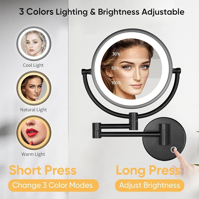 GURUN Wall Mounted Hardwired Makeup Mirror with 3 Tones LED Lights 10x Magnifying Mirror for Bathroom Bedroom 13" Extendable Arm Direct Wire Black Finish M1809DB(10x,Black)