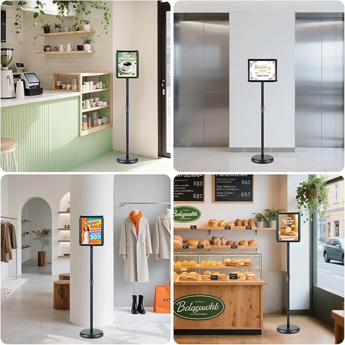 RedChili Floor Standing Sign Holder Stand, 8.5x11 Inches Stand Up Sign Holder with 360° Rotated Snap-Open Frame Height Adjustable Tall Sign Stand Vertical Horizontal View Display for Stores Schools Restaurants (Black, Round Corner)