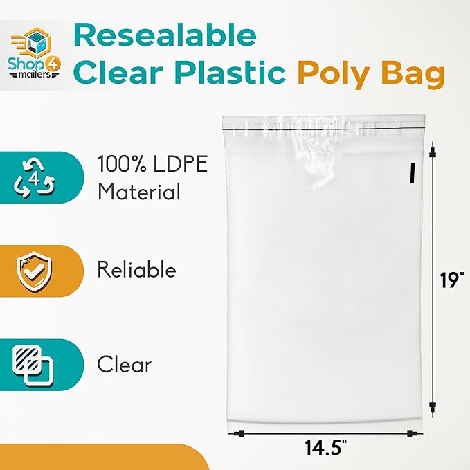 Shop4Mailers 14.5 x 19 Clear Plastic Poly Bags 1.5 Mil Self Seal Packaging for Apparel, Jewelry, Documents, Prints, Gifts, Storage – Resealable (500 Pack)