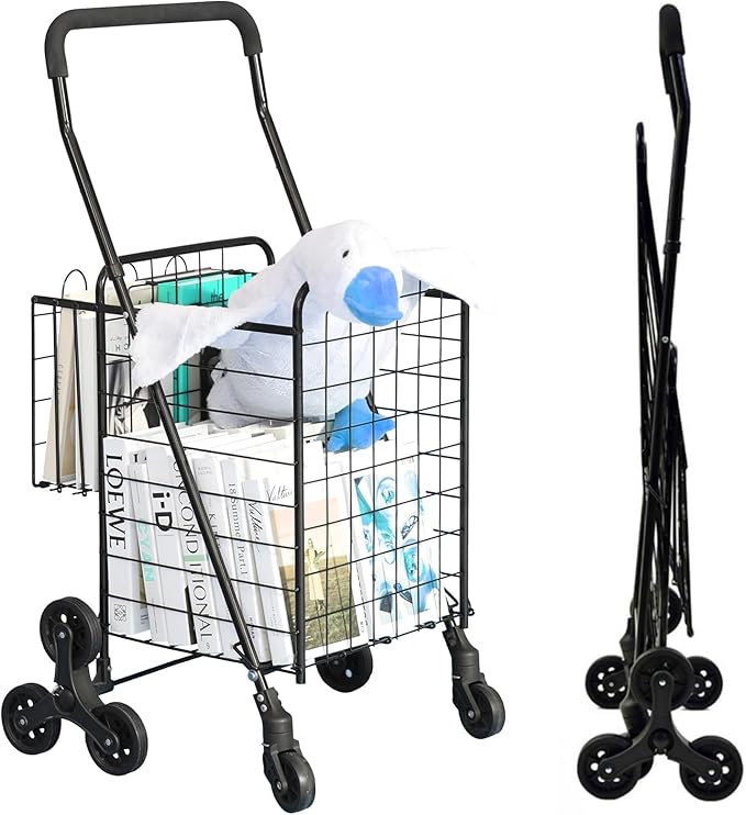 Folding Shopping Cart, Heavy-Duty Stair-Climbing Grocery Cart with 360° Swivel Wheels - Extended Foam Handle - Utility Trolley for Laundry, Travel, Shopping