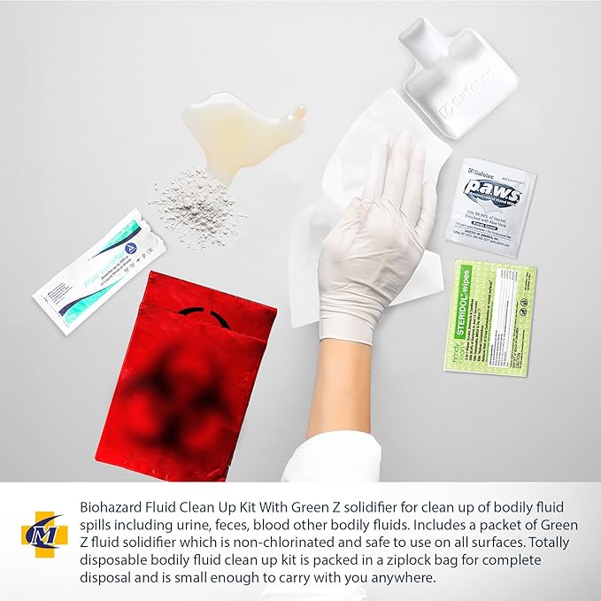 MFASCO Bloodborne Pathogens Spill Kit - Cleaning Bag, Disposable Vomit Clean Up Kit for Restaurants, Safety for Bodily Fluids, Blood, Latex Free, First Aid, Non-Chlorinated Fluid Urine Solidifier