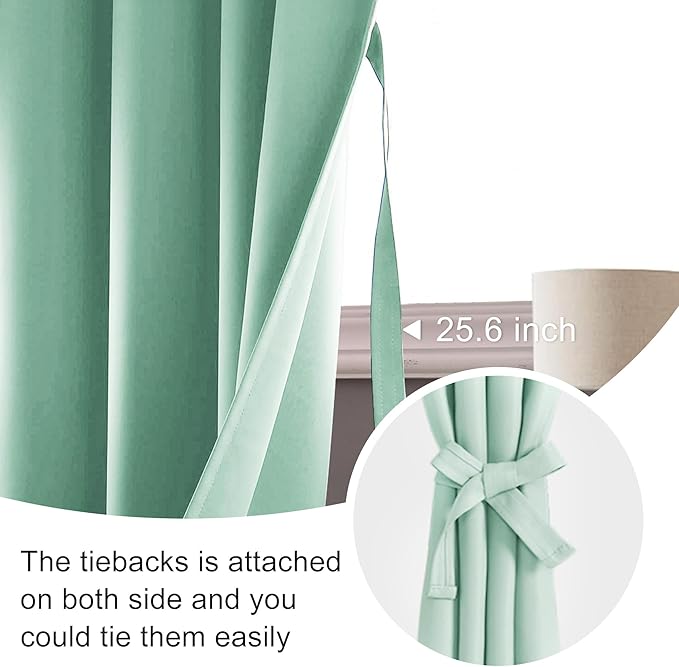 JIUZHEN Blackout Curtains for Bedroom– Thermal Insulated,Noise Reducing Room Darkening Privacy Drapes for Living Room, Set of 2 Panels with Tiebacks, 42 x 84 inch Long, Mint Green