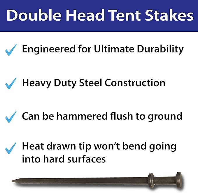 Double Head Tent Stakes - Heavy Duty Steel Tent Stakes, Versatile Ground Spikes to Anchor Commercial Inflatables, Party Tents, and Outdoor Camping Shelters, 3/4 x 12 Inch, 25-Pack