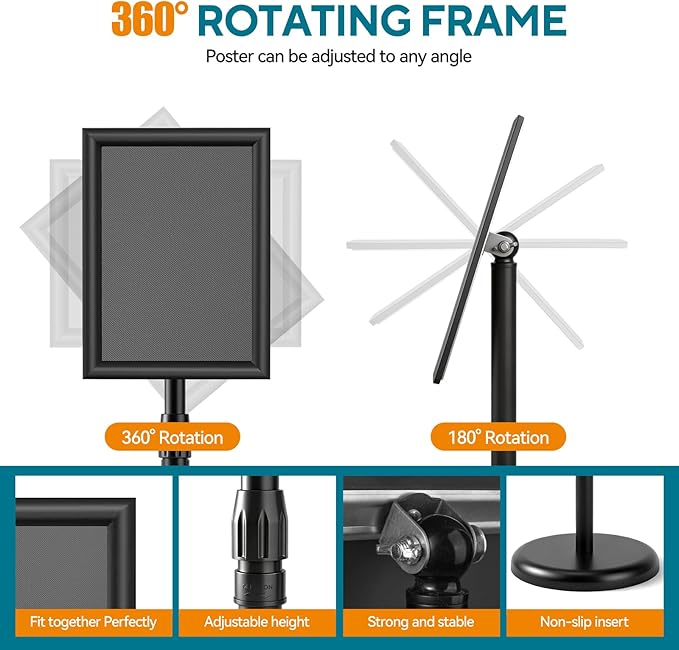 USCNC Sign Holder Stand 8.5x11 inch - Adjustable Floor Standing Sign Holder -Snap open frame,360° Rotation for Malls,Schools,Restaurants (Black 1 Pack)