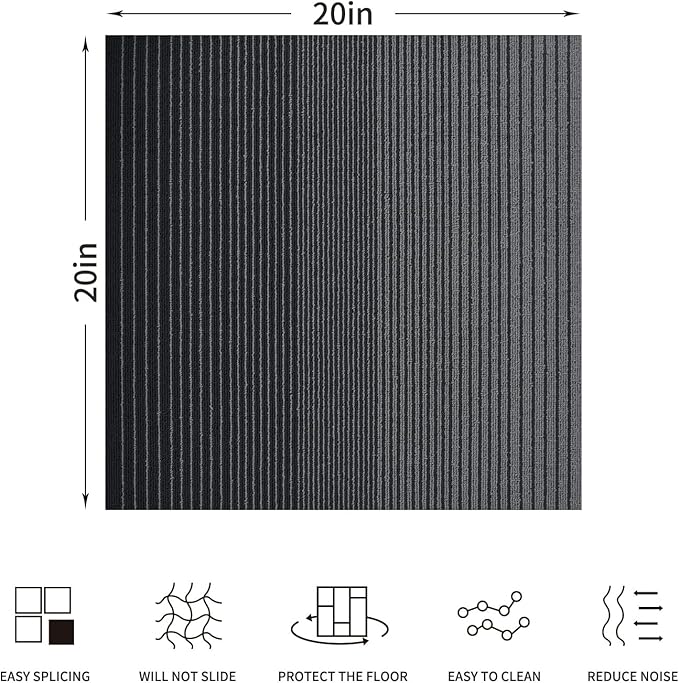 Carpet Tiles, Carpet Squares, Office Carpet Tiles Removable, Carpet Tile Flooring for Basement, 20" x 20" Berber (Loop Pile), Gradient Black, 0.24" Pile Height (12 Tiles, 32 sqft/Box)