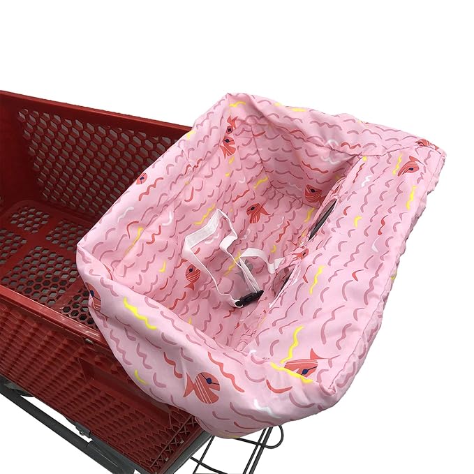 Portable Shopping Cart Cover, High Chair and Grocery Cart Covers for Babies, Kids, Infants & Toddlers, Attached Carry Bag (Simple Pink Fish)