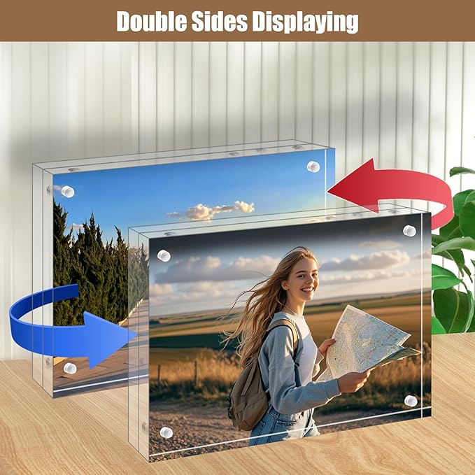 Egofine 4x4 Acrylic Frames 5 Pack, 20mm Thicker Frameless Clear Picture Frames, Double Sided Magnetic Picture Frames, Free Standing Desktop Display