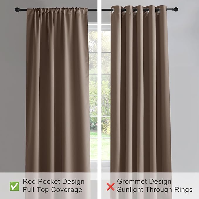 PONY DANCE Light Blocking Panels - Blackout Window Curtain Room Darkening Rod Pocket Thermal Insulated Curtains Energy Saving for Living Room/Draperies, 42 Wide x 72 Long, Mocha, 2 Pieces