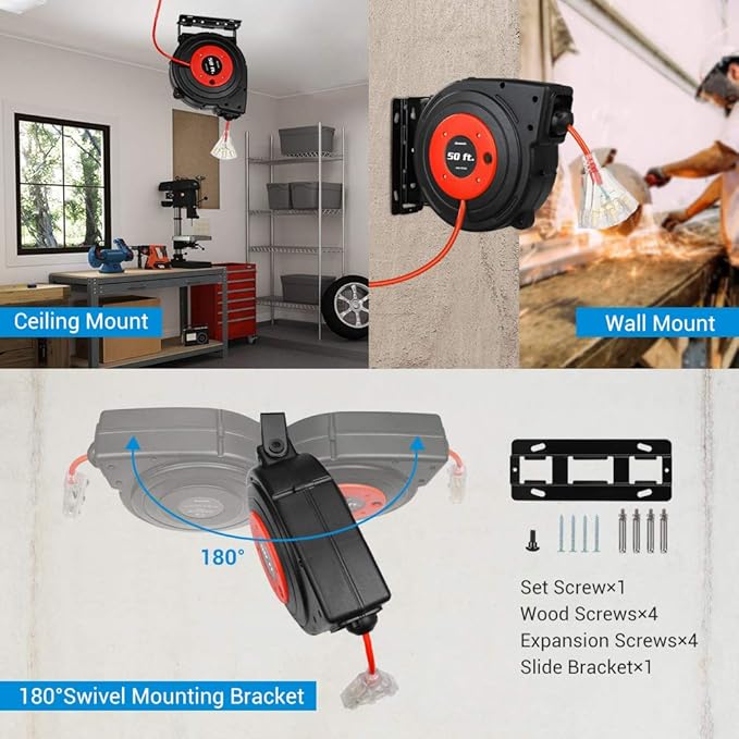 DEWENWILS Retractable Extension Cord Reel, 50FT Power Cord Reel with 14AWG/3C SJTOW, 13A Circuit Breaker, Wall/Ceiling Mounted, 3-Lighted Triple Outlets for Garage, Workshop, UL Listed, Red
